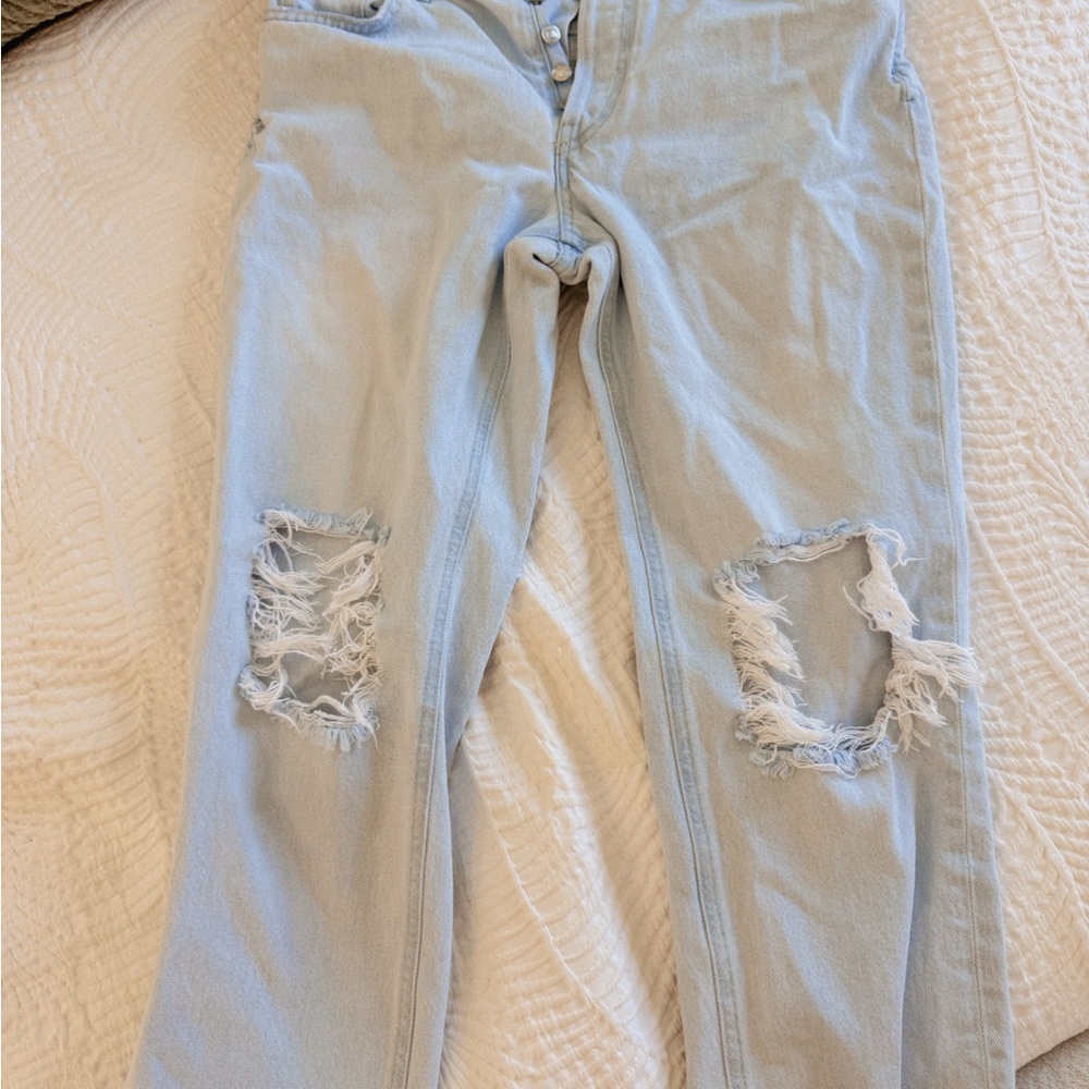 Free People Light Blue Ripped Straight Leg Jeans